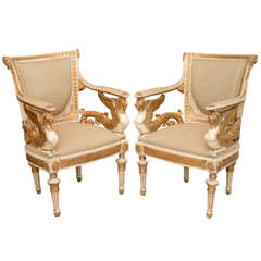 An Exceptional Pair of Italian Neoclassic Painted and Parcel Gilt Armchairs