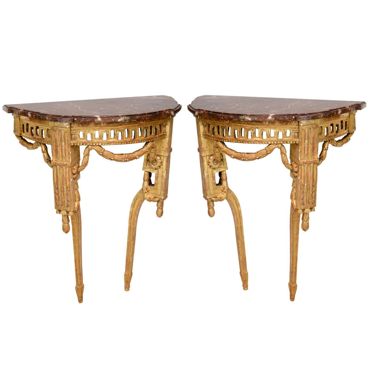 Pair of Fine Italian Neoclassic Giltwood Console Tables, Late 18th Century