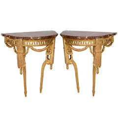 Pair of Fine Italian Neoclassic Giltwood Console Tables, Late 18th Century