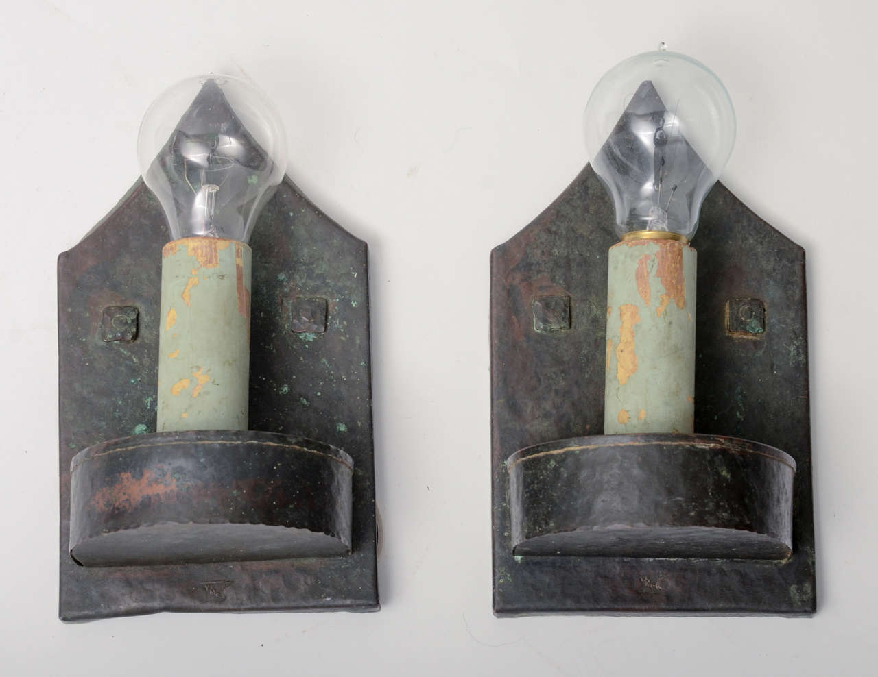 Pair American Arts & Crafts Patinated Copper Wall Sconces