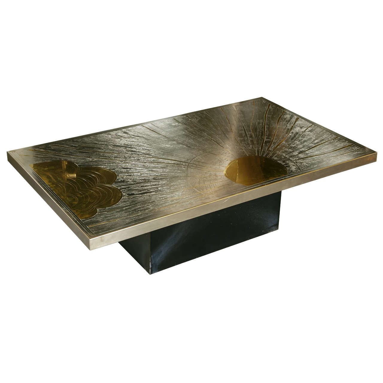Refined coffee table, with engraved steel and brass patterns, 1970s For Sale