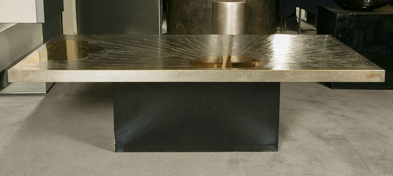 Refined coffee table, with engraved steel and brass patterns, 1970s For