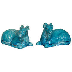 Pair of Turquoise Glazed Porcelain Rams, Early Qing Dynasty, 19th Century