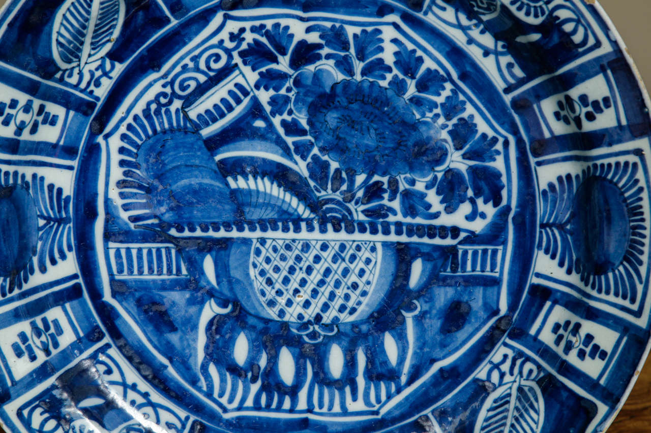 Dutch Large 18th Century Delft Blue & White Charger Decorated in Kraak Style