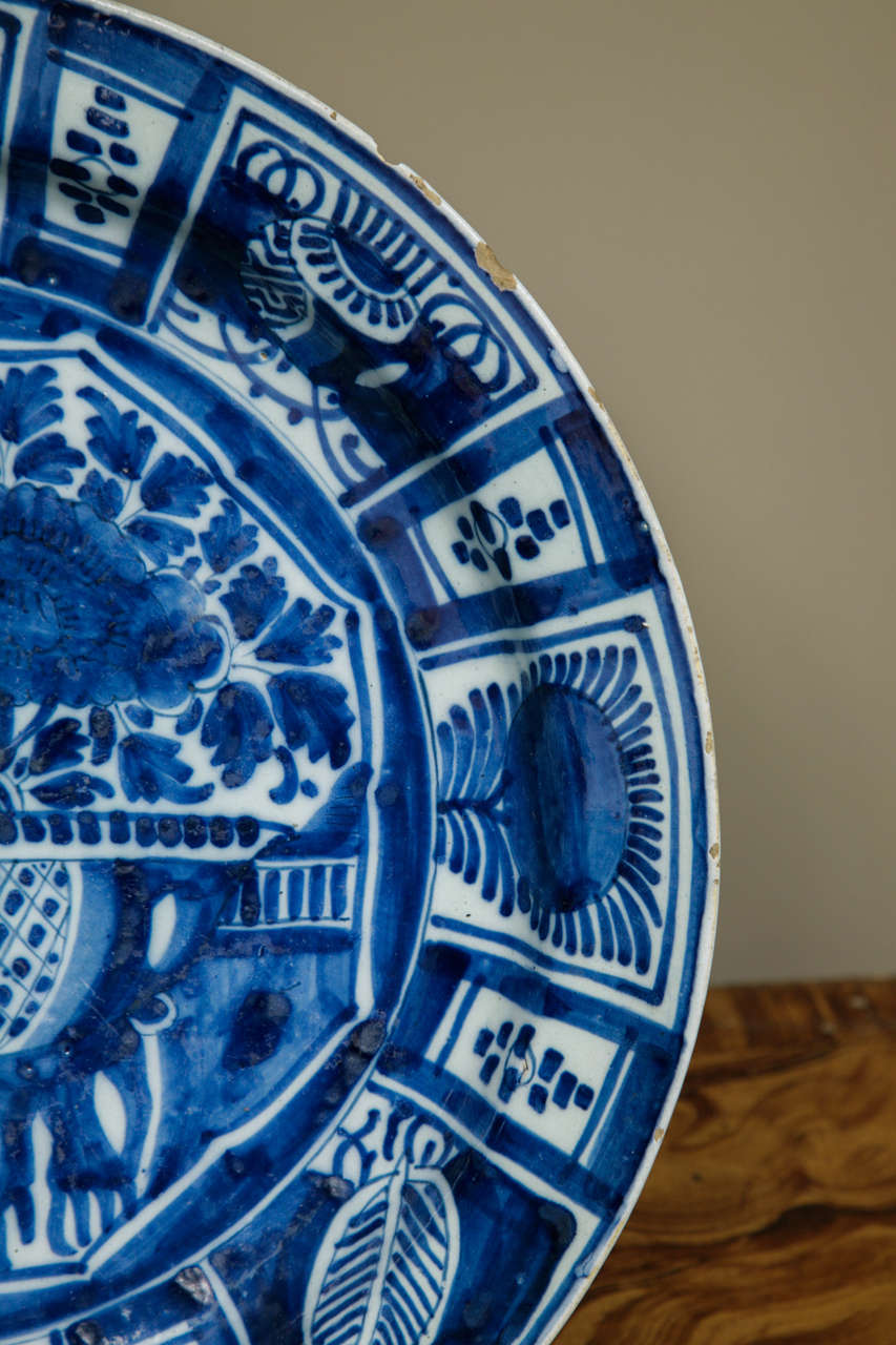 18th Century and Earlier Large 18th Century Delft Blue & White Charger Decorated in Kraak Style