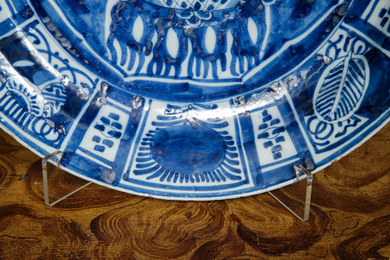 Earthenware Large 18th Century Delft Blue & White Charger Decorated in Kraak Style