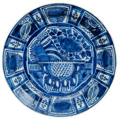 Large 18th Century Delft Blue & White Charger Decorated in Kraak Style