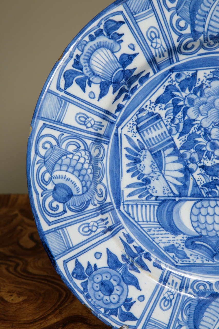 18th Century and Earlier Large Early 18th Century German Delft Blue & White Kraak Style Charger