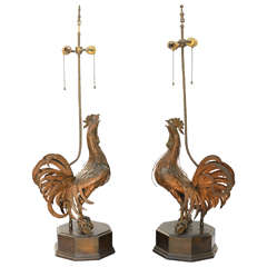 Pair of 19th C. Bronze Rooster Lamps