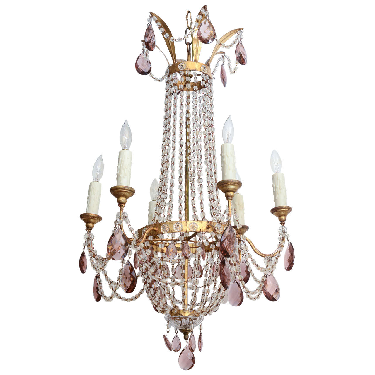 Empire Form Italian Chandelier with Amethyst Colored Accent Crystals