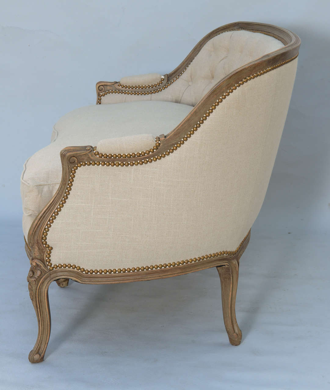 Louis XV Style Walnut Settee Upholstered in Linen 1