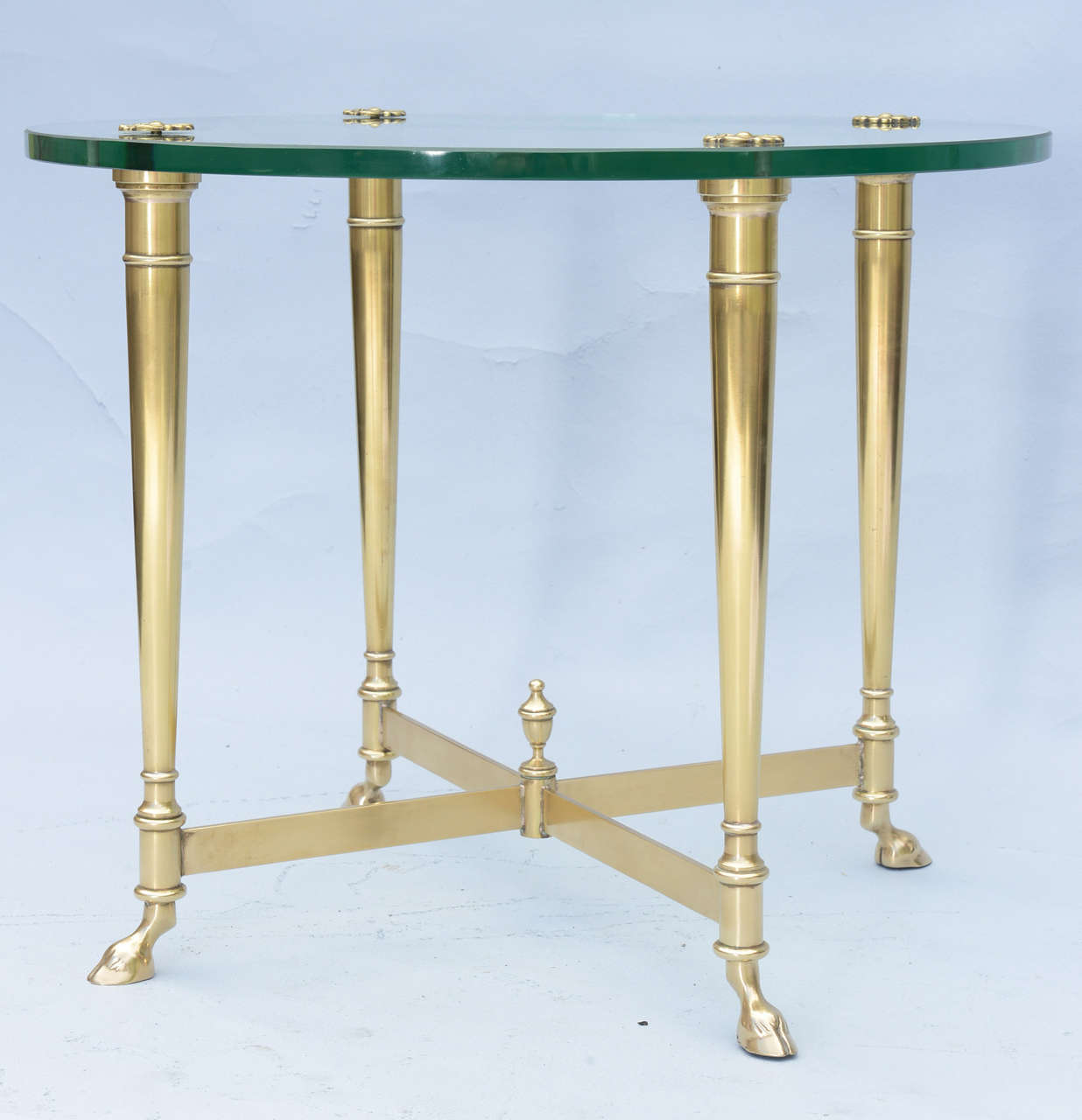 Polished Brass End Table with Glass Top on Hooved Feet at 1stDibs