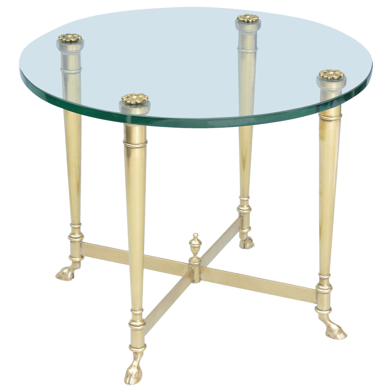 Polished Brass End Table with Glass Top on Hooved Feet at 1stDibs
