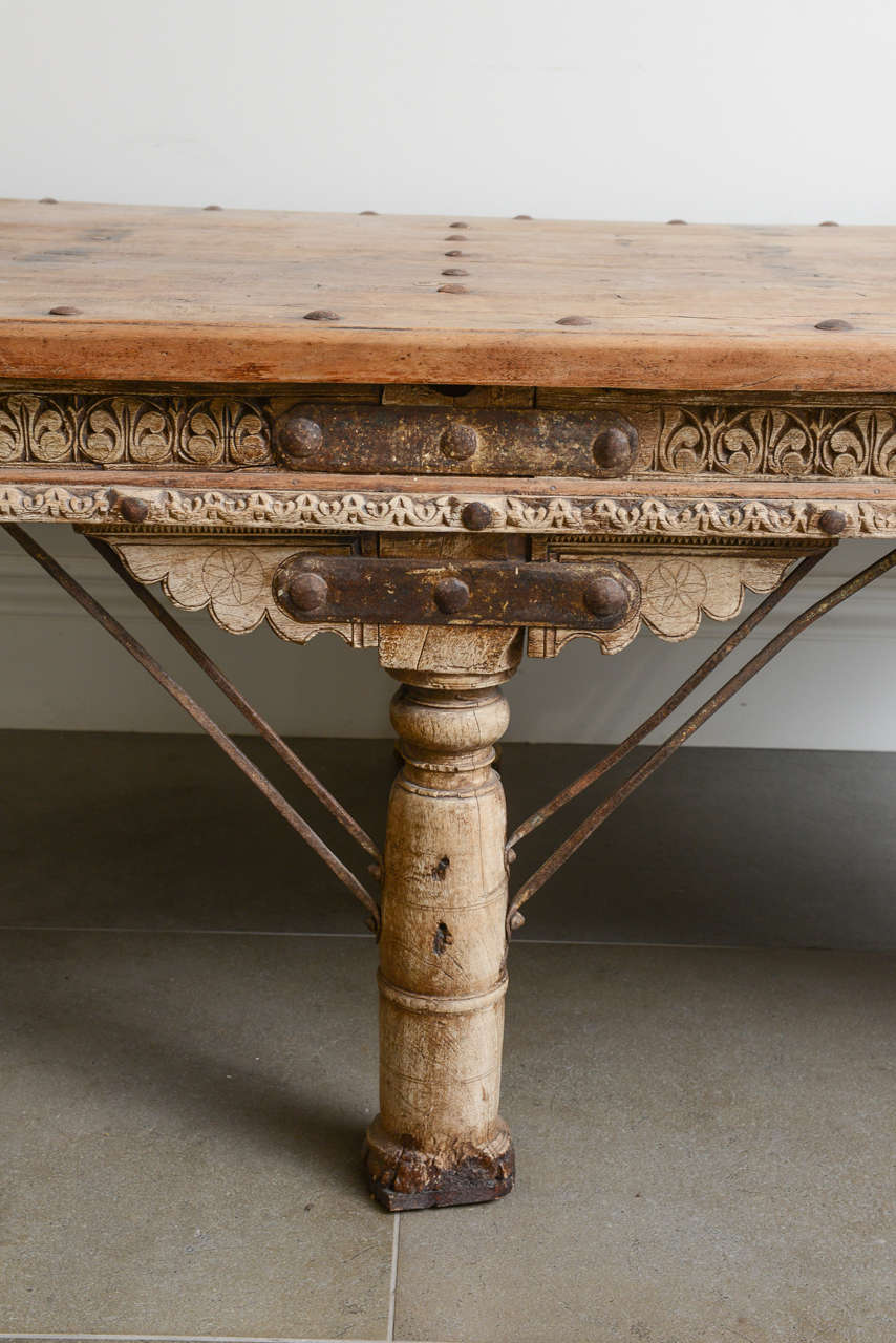 Large Indian Teak Hand Carved Coffee Table or Daybed In Distressed Condition For Sale In West Palm Beach, FL