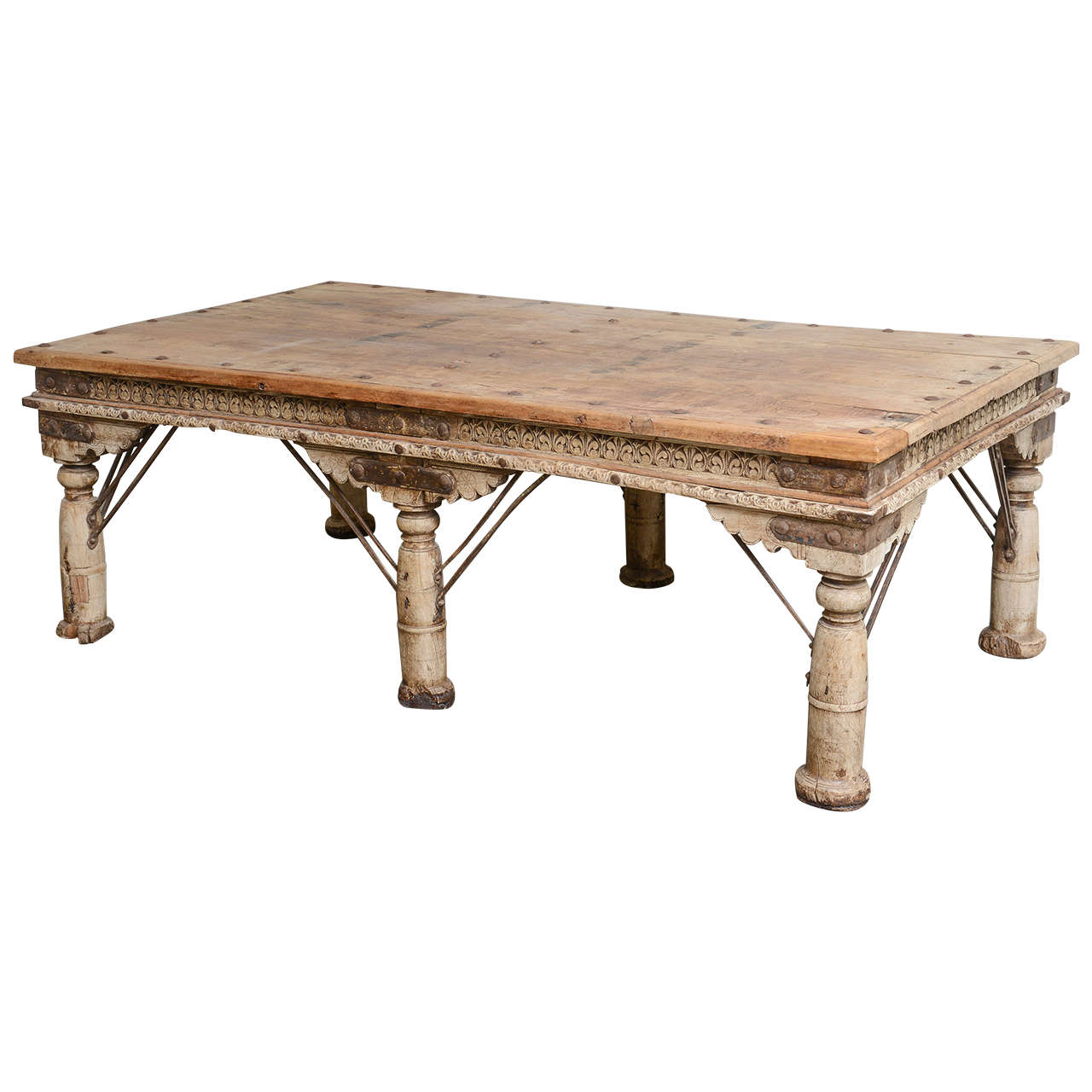 Large Indian Teak Hand Carved Coffee Table or Daybed For Sale