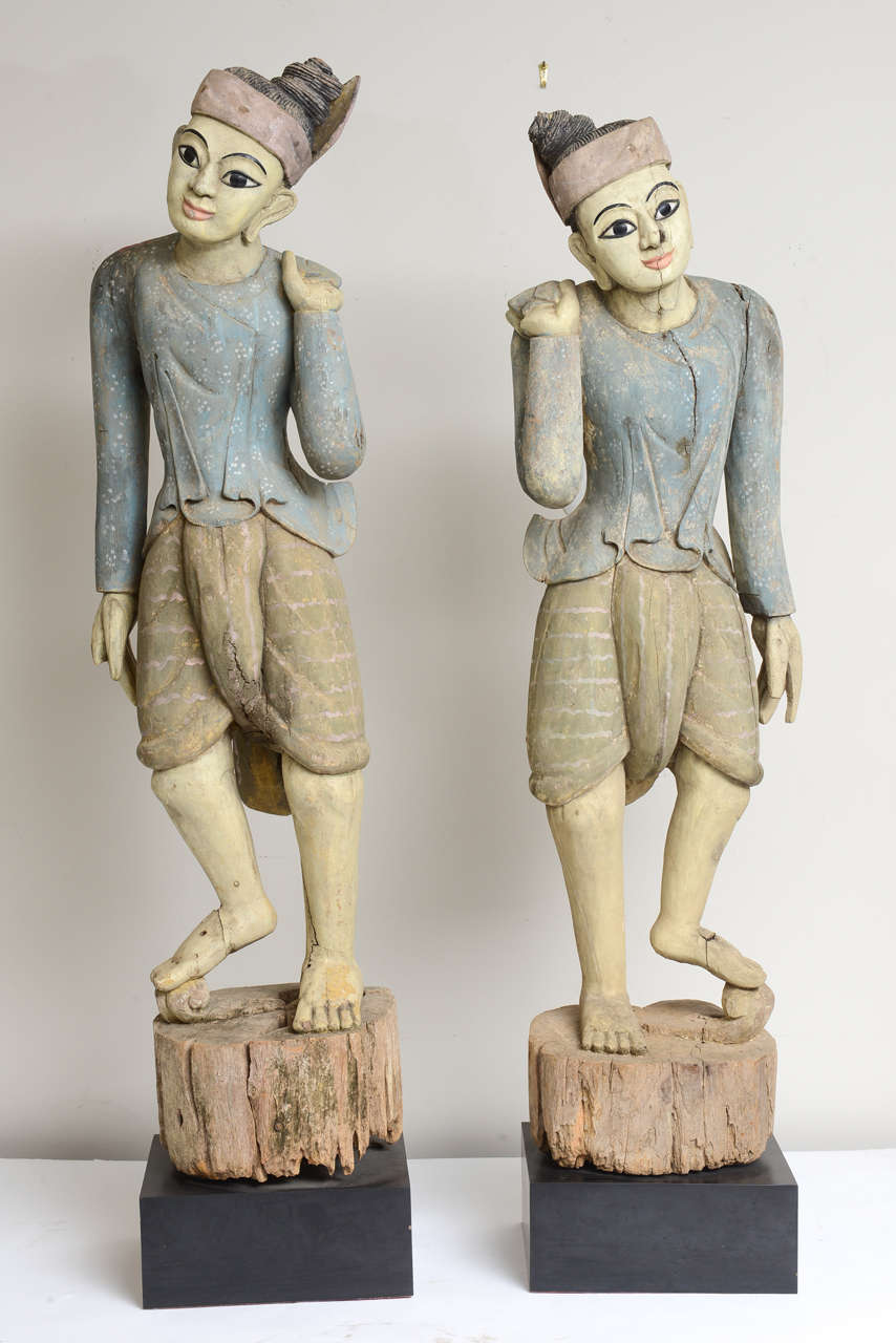 Pair of Burmese Wood Carved and Painted Wood Figures, 1800s