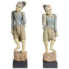 Pair of Burmese Wood Carved and Painted Wood Figures, 1800s