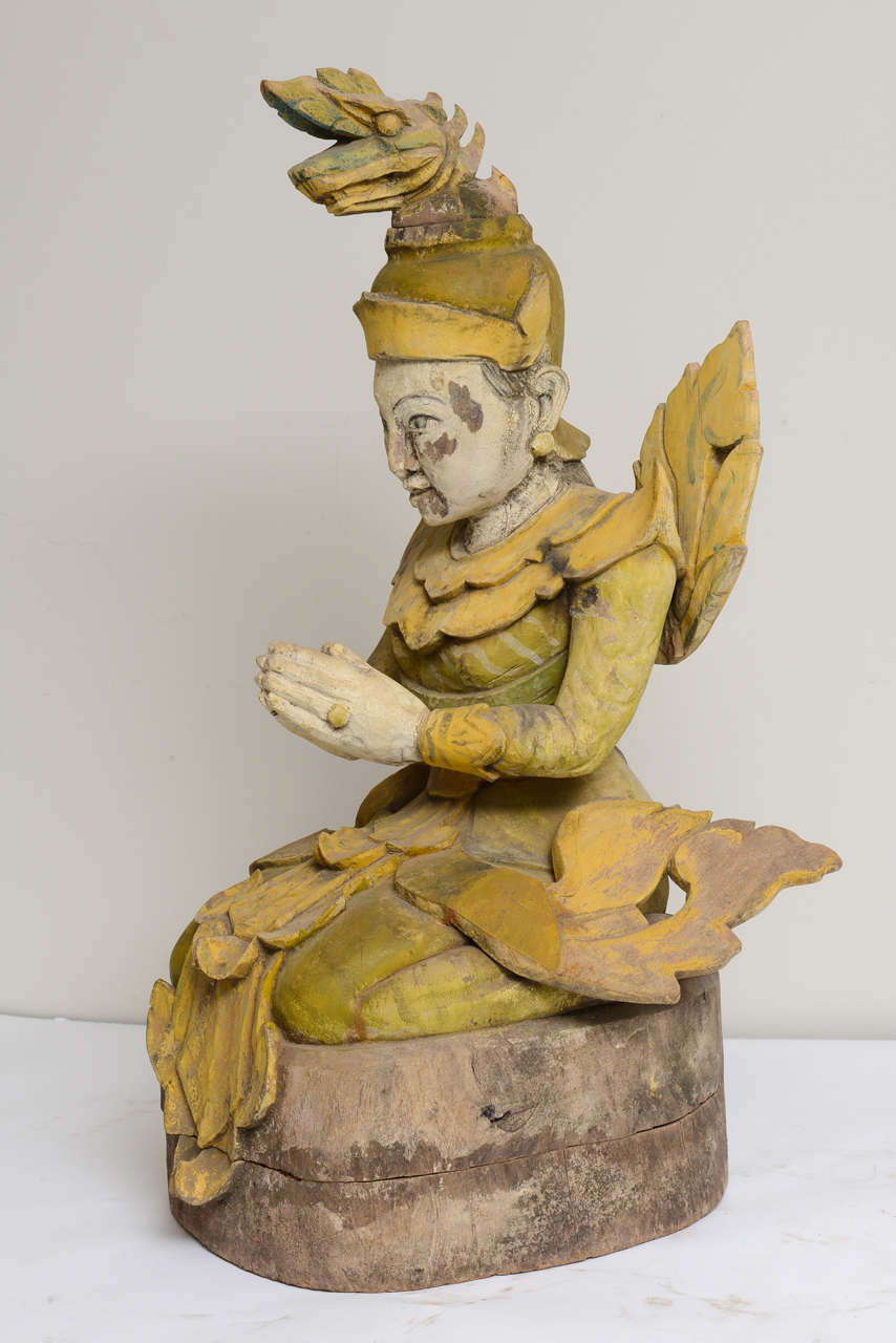 Unknown Antique Wood Carved and Painted Asian Kneeling Praying Goddess Sculpture, 1850s For Sale