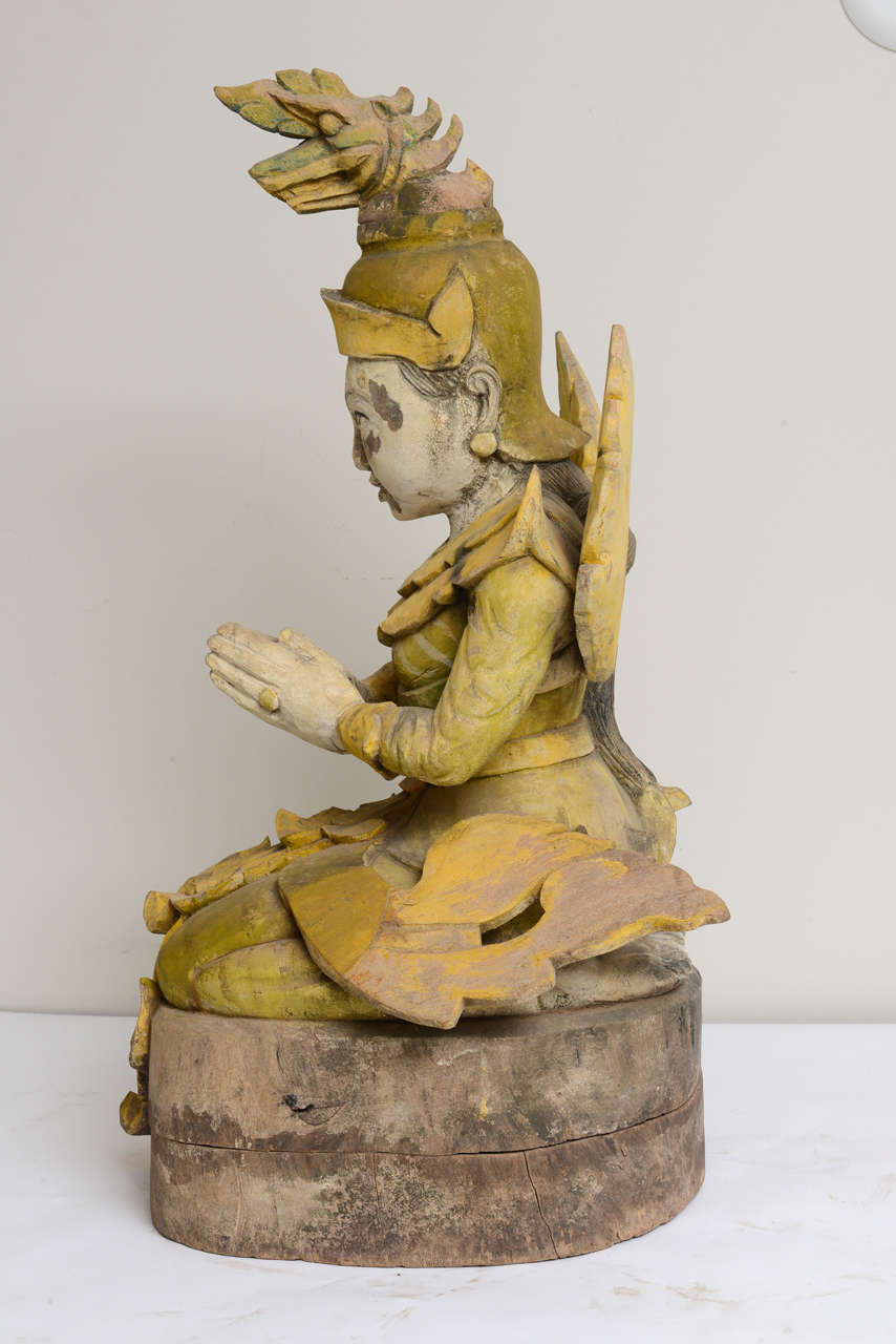 Hand-Carved Antique Wood Carved and Painted Asian Kneeling Praying Goddess Sculpture, 1850s For Sale