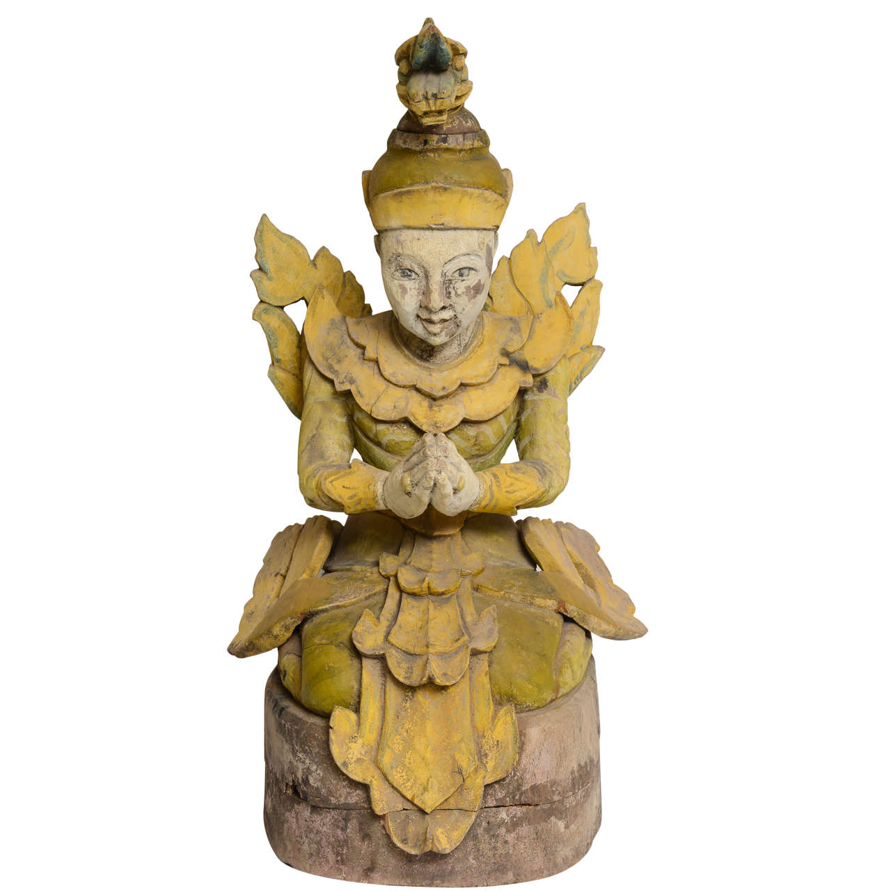 Antique Wood Carved and Painted Asian Kneeling Praying Goddess Sculpture, 1850s For Sale