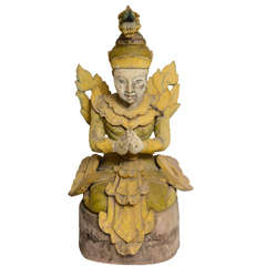Antique Wood Carved and Painted Asian Kneeling Praying Goddess Sculpture, 1850s