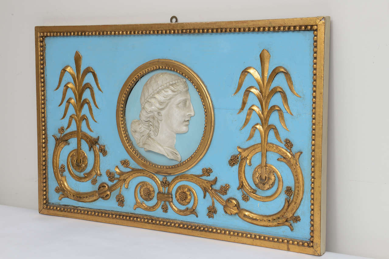 Swedish Carved Relief in Blue and Gilt Rectangular Over Door Panel, 1800s In Good Condition For Sale In West Palm Beach, FL