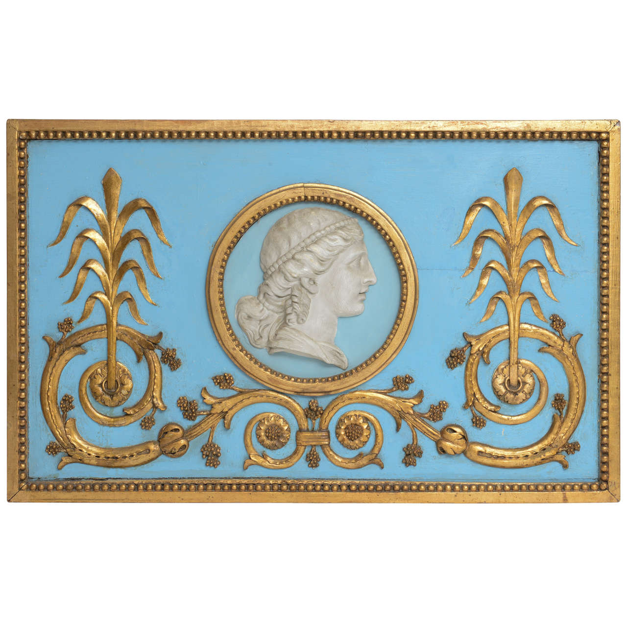 Swedish Carved Relief in Blue and Gilt Rectangular Over Door Panel, 1800s For Sale