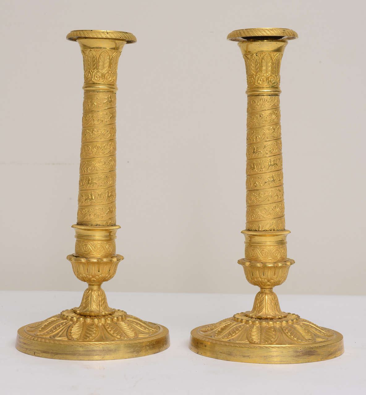 19th Century Pair of  French Empire Gilt Bronze and Bronze Dore Candlesticks, 1800s For Sale