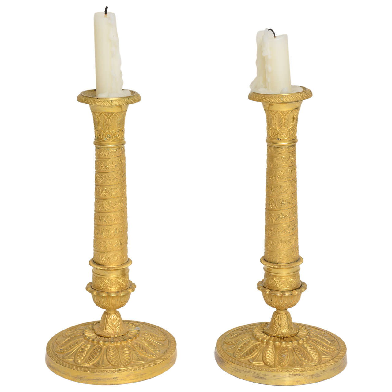 Pair of  French Empire Gilt Bronze and Bronze Dore Candlesticks, 1800s For Sale