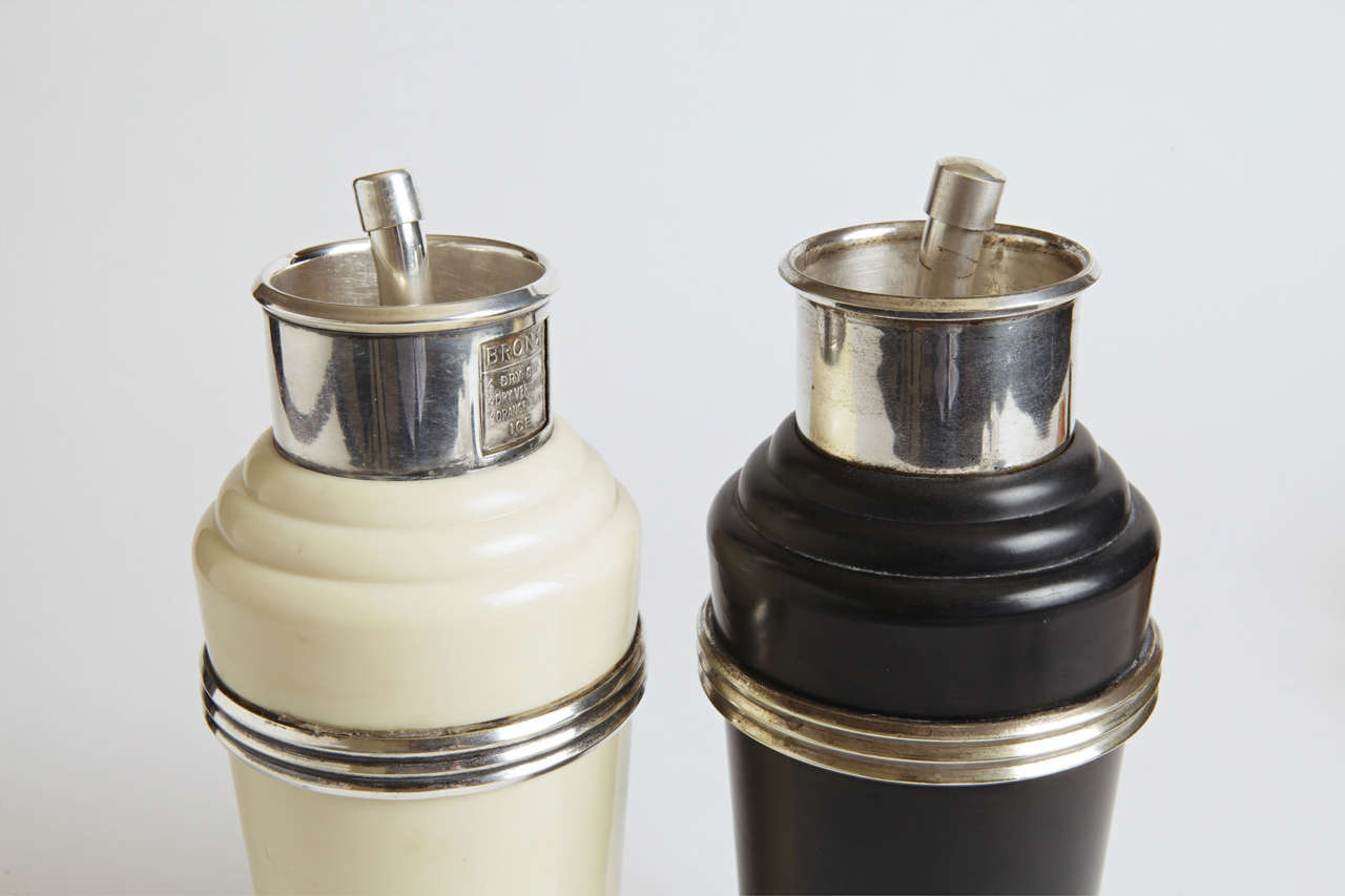 British Master Incolor Catalin And Silver Plate Art Deco Cocktail Shakers For Sale