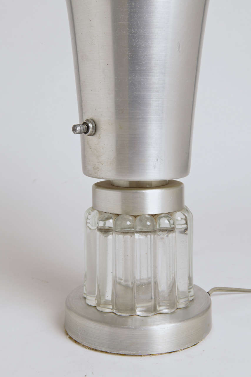Machine Age Russel Wright Style Art Deco Spun Aluminum and Glass Lamp In Good Condition In Dallas, TX
