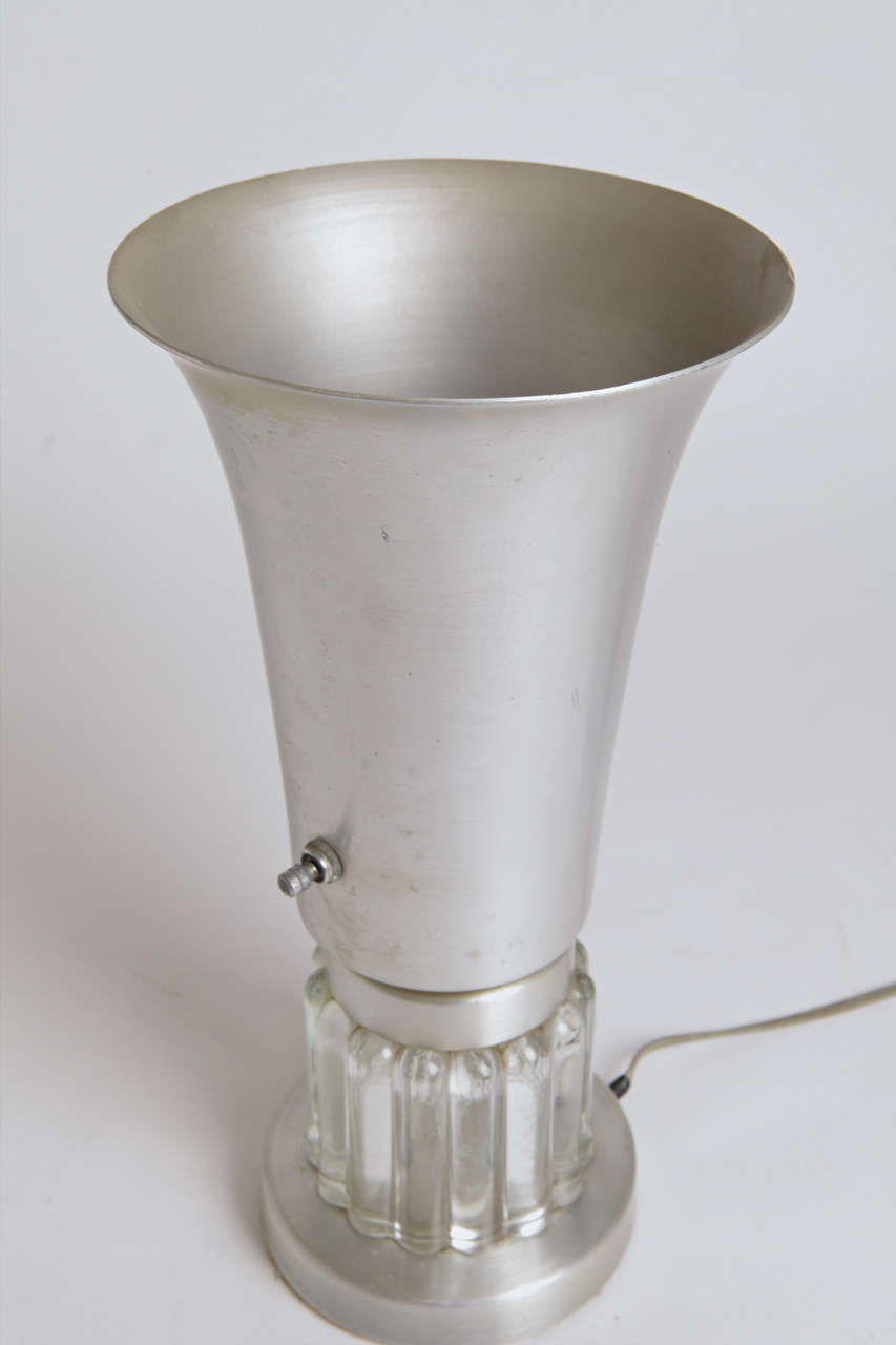 Mid-20th Century Machine Age Russel Wright Style Art Deco Spun Aluminum and Glass Lamp