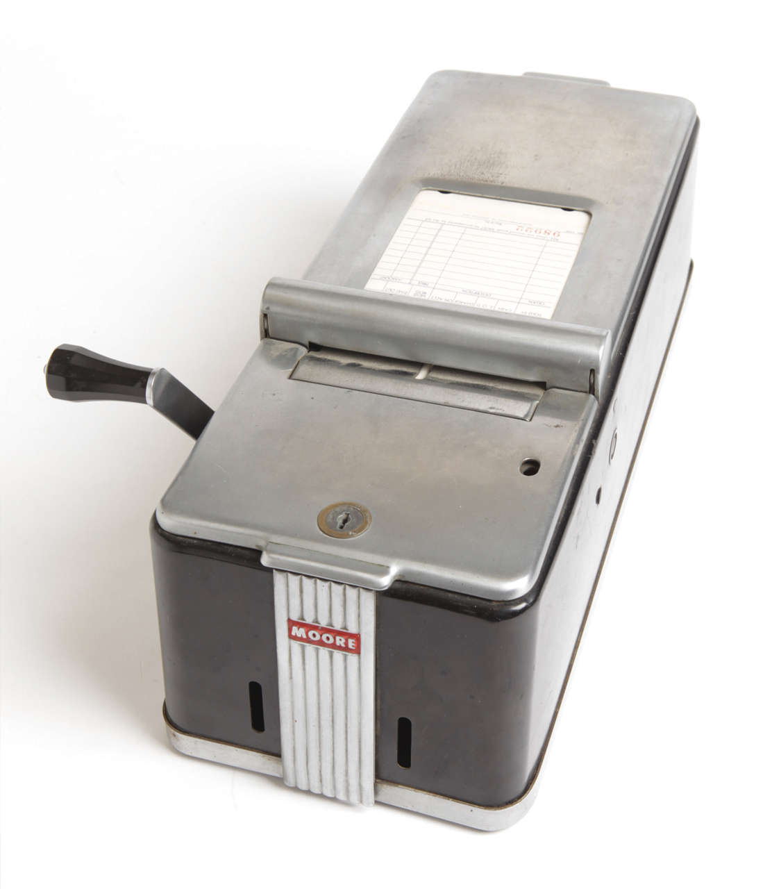 Fine example of iconic American Industrial design, mid-1940s.<br />
<br />
Essentially complete with a roll of forms inside. <br />
Front lid opens, providing access to roll.<br />
Missing original key to rear receipt receptacle.<br />
<br />
!8
