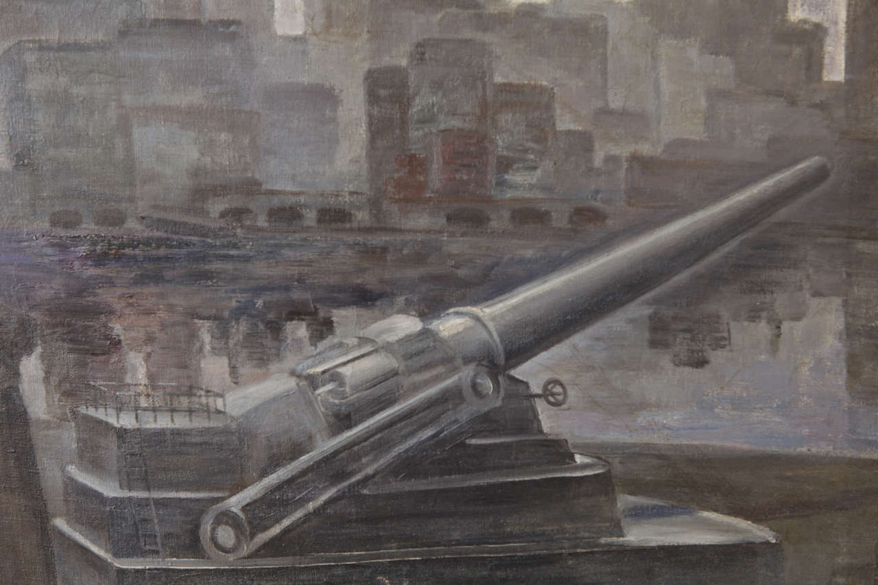 Art Deco John Muir, Oil on Canvas, WPA Skyscraper, Military Waterfront Scene For Sale