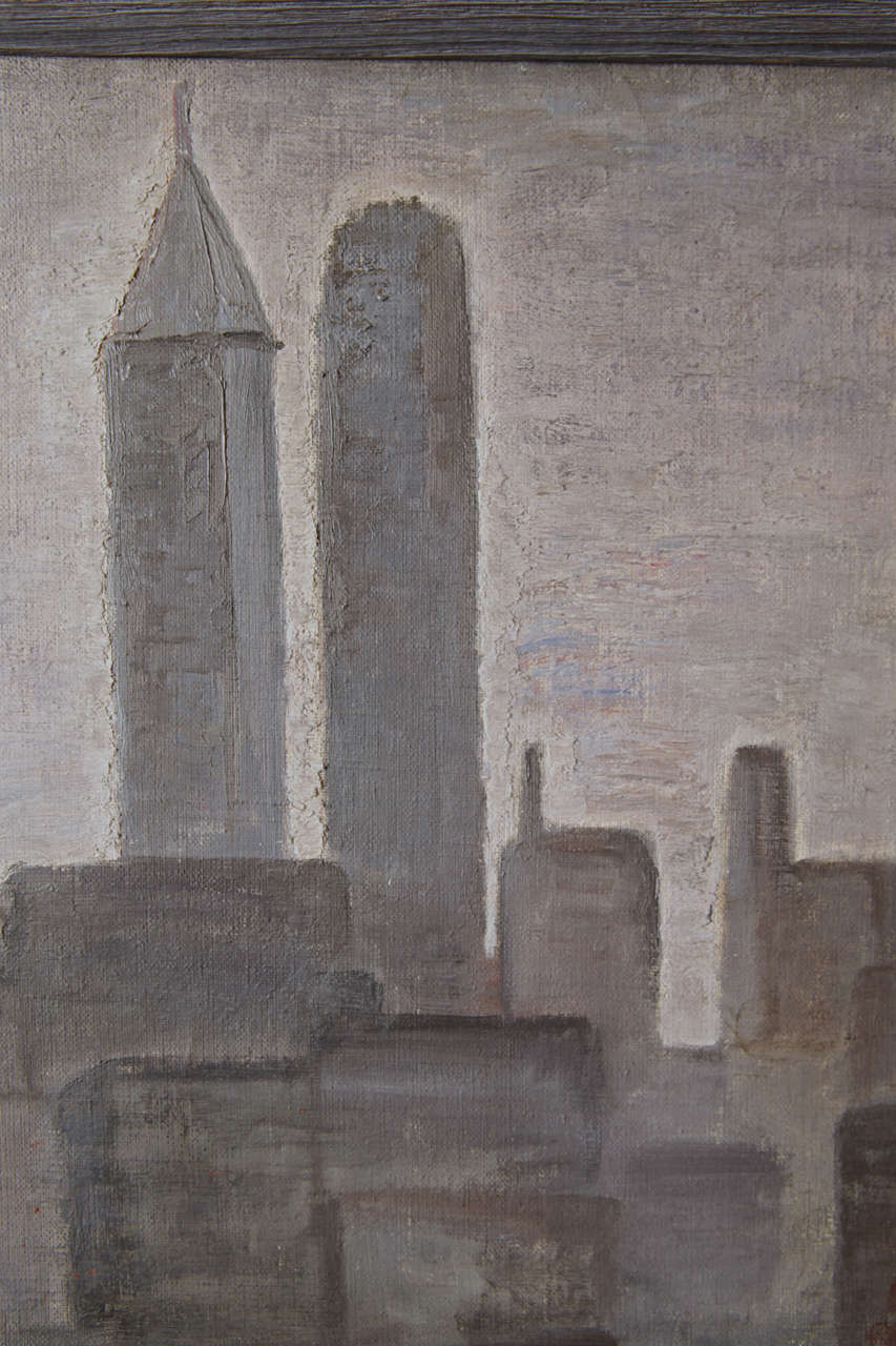 John Muir, Oil on Canvas, WPA Skyscraper, Military Waterfront Scene For Sale 1