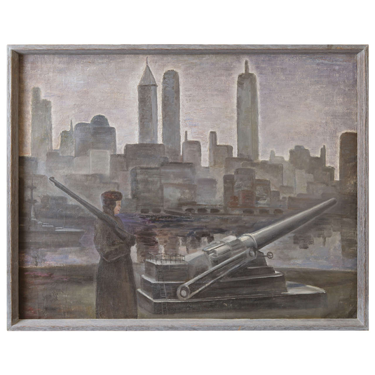 John Muir, Oil on Canvas, WPA Skyscraper, Military Waterfront Scene For Sale
