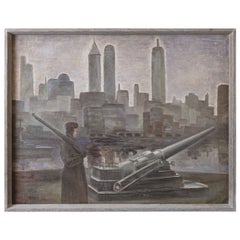 John Muir, Oil on Canvas, WPA Skyscraper, Military Waterfront Scene