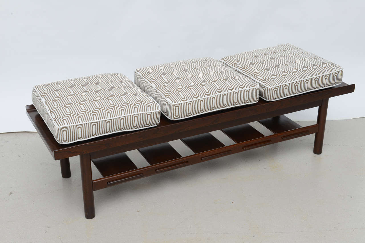 Mid Century modern bench by Lawrence Peabody for Richardson-Nemschoff . The bench is newly upholstered in a brown and white cotton geometric pattern.