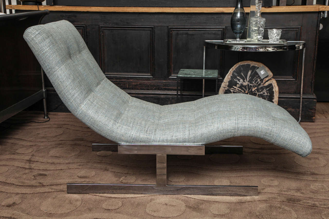 Tufted chaise by Milo Baughman reupholstered in Nile blue tweed with chrome base, circa 1960.