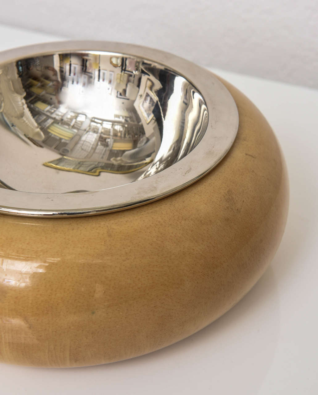 Lacquered Aldo Tura Bowl in Goatskin and Polished Nickel