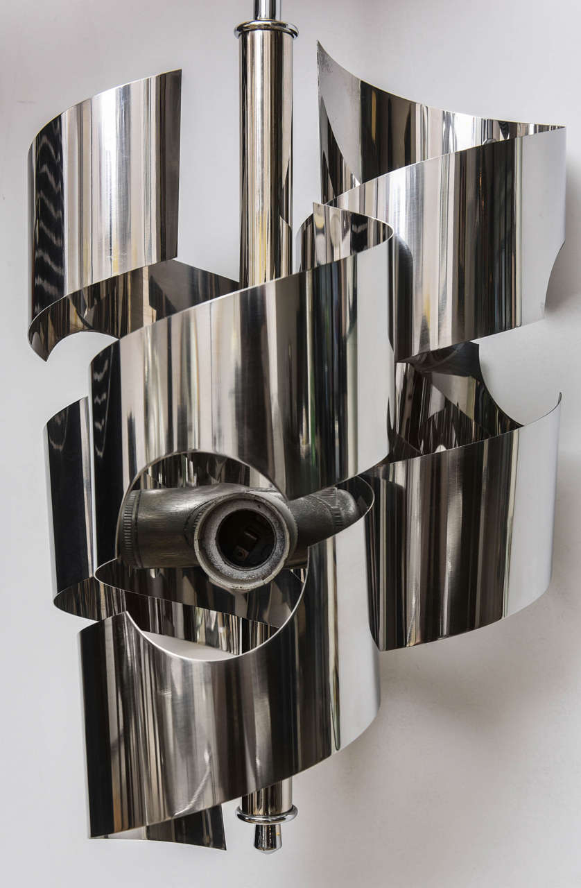 Mid-Century Modern Pair of Spiral-Ribbon Chrome Chandeliers, Gaetano Sciolari for Lightolier, 1970s