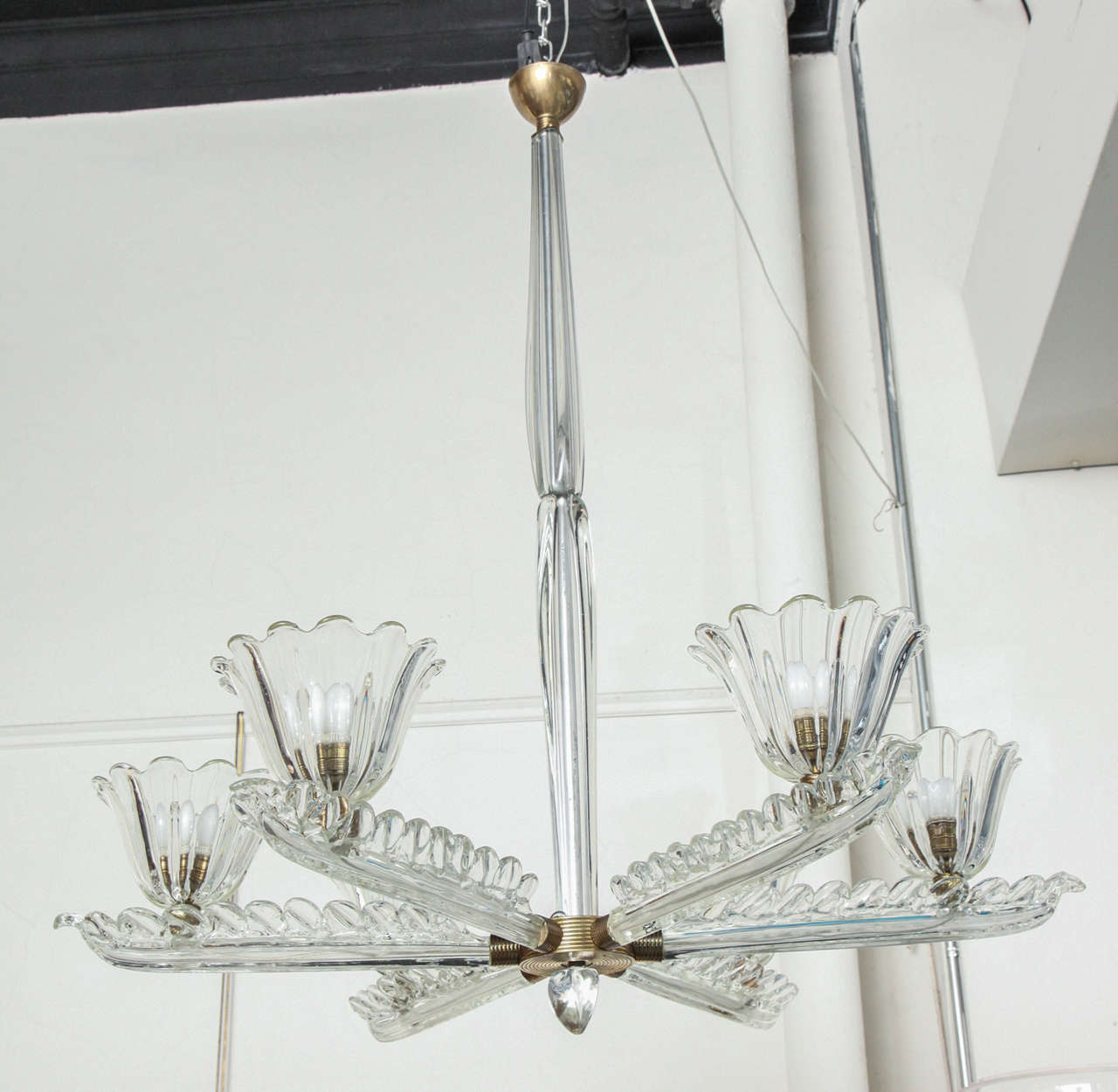 Fabulous large six-arm chandelier made in Venice 1935 by Seguso designed by artistic director Flavio Poli. Each arm in a leaf design terminating with a shade in a flower form, great quality, one of his best.
 