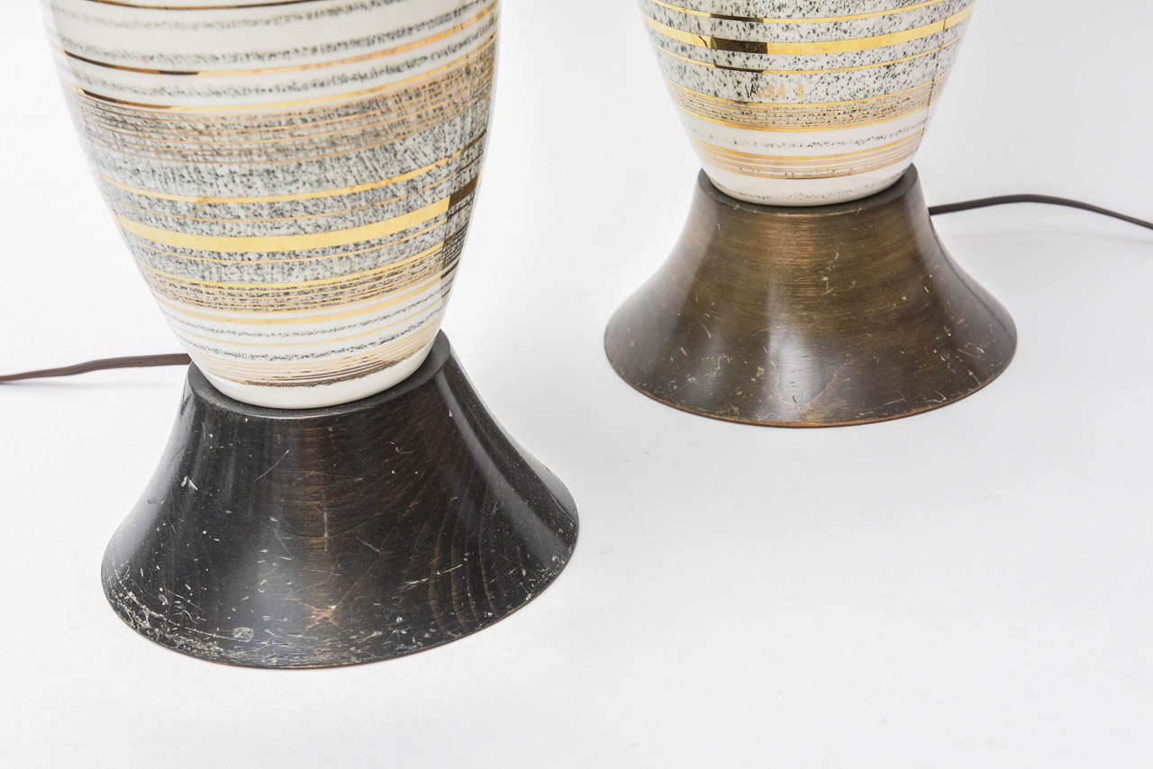 Bronze Sascha Brastoff Gold Pin Striped Table Lamps - Pair