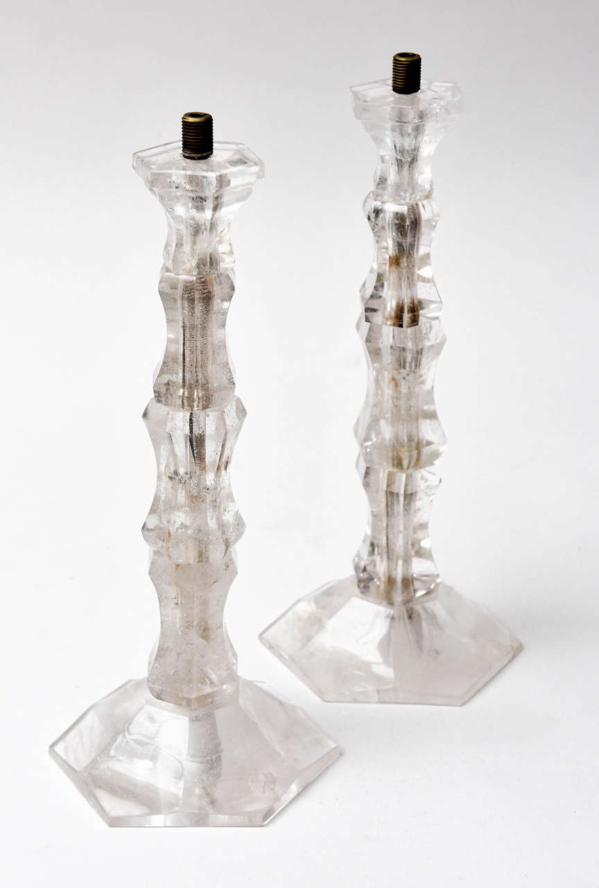 Pair of Art Deco metal mounted rock crystal candlesticks.