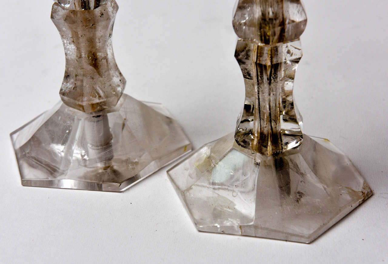 French Pair of Rock Crystal Candlesticks Art Deco Period France  For Sale