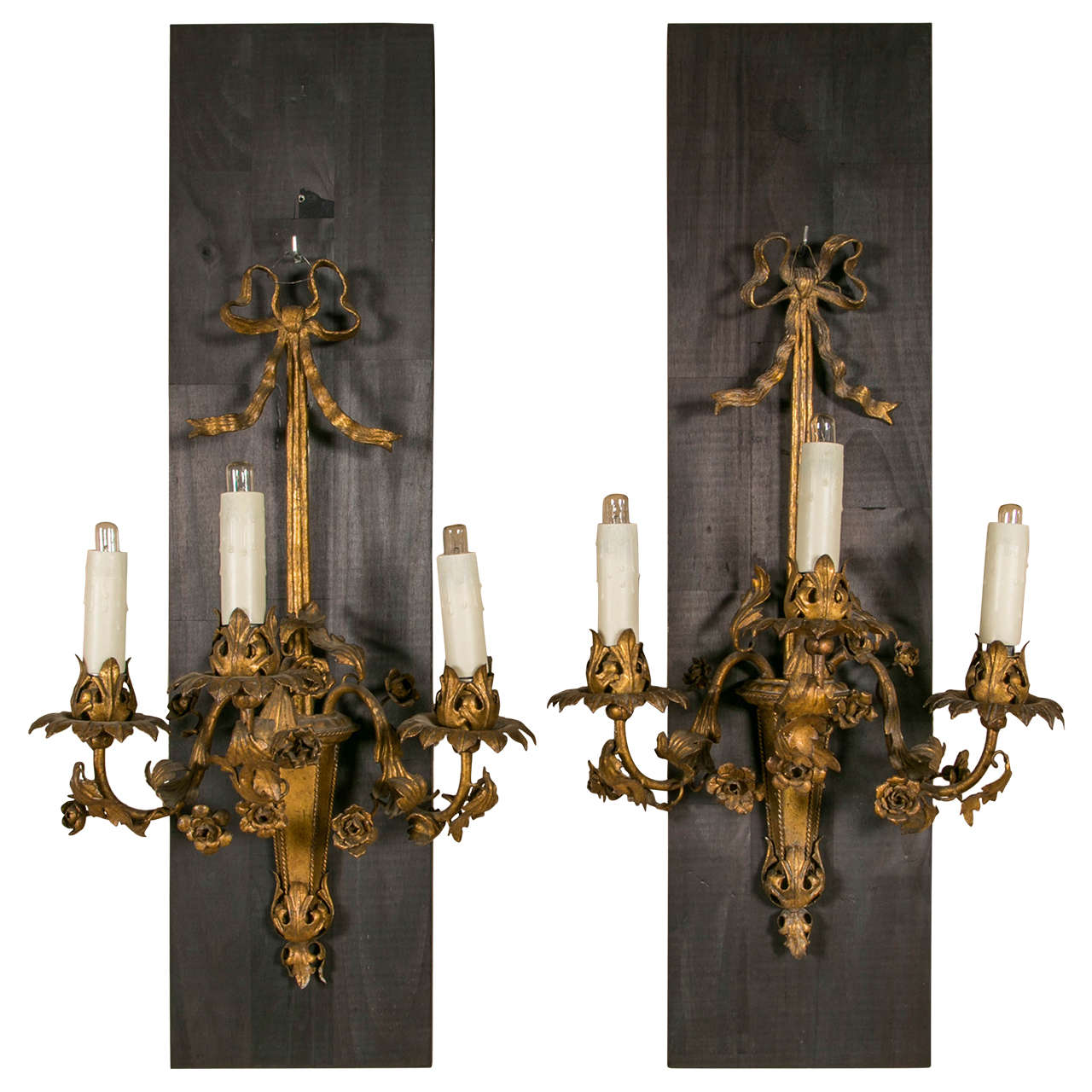 1950 Pair of Gilt Metal Wall Sconces in Louis XVI Style For Sale