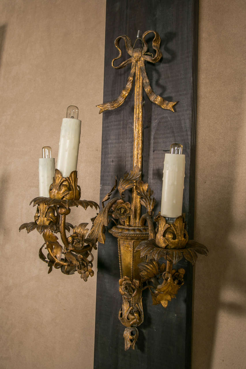 1950 Pair of Gilt Metal Wall Sconces in Louis XVI Style For Sale 4