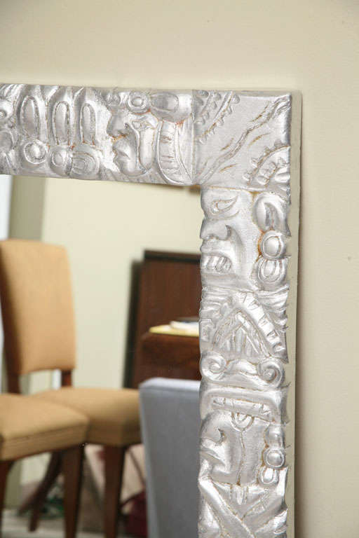 American Mexican Aztec Modern Wall Mirror  carved wood  silver leaves finish