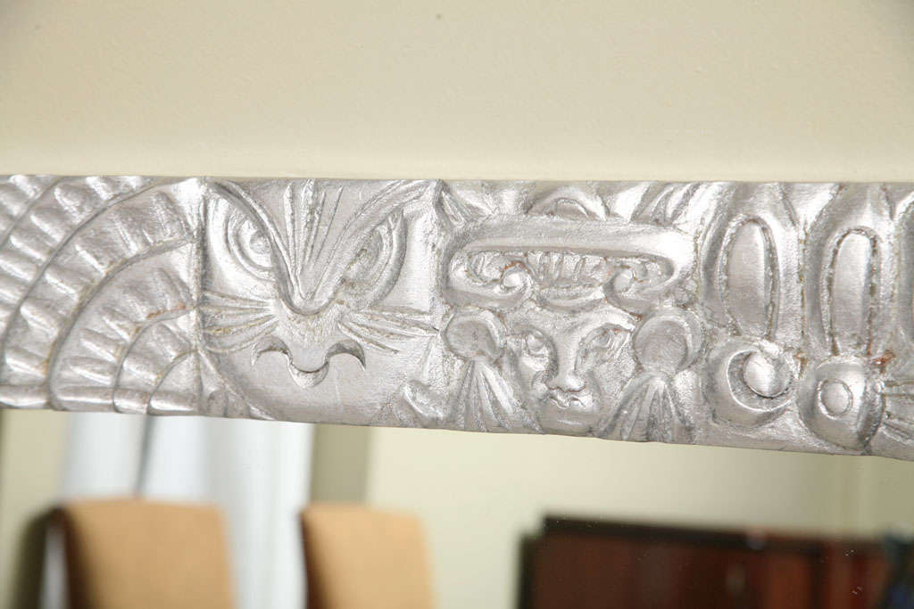 Carved Mexican Aztec Modern Wall Mirror  carved wood  silver leaves finish