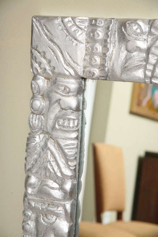 Mexican Aztec Modern Wall Mirror  carved wood  silver leaves finish In Good Condition In Miami, FL